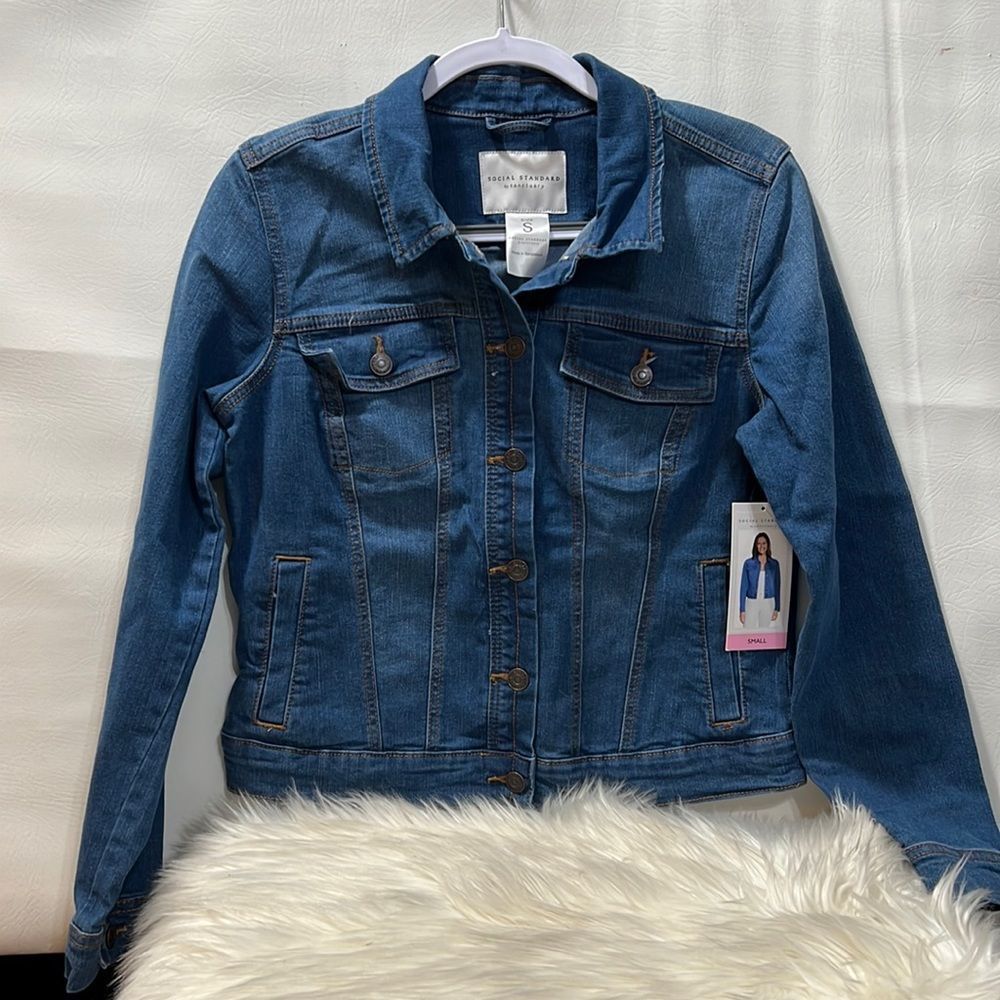 Social Standard by Sanctuary Denim Dark Blue Waist Length Fitted Jean Jacket